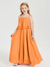 Long Chiffon Junior Bridesmaid Dresses Bowknot Spaghetti Straps Orange