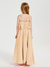 Long Chiffon Junior Bridesmaid Dresses Bowknot Spaghetti Straps Peach