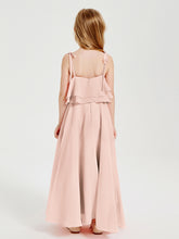 Long Chiffon Junior Bridesmaid Dresses Bowknot Spaghetti Straps Pearl Pink