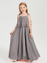 Long Chiffon Junior Bridesmaid Dresses Bowknot Spaghetti Straps Silver