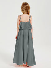 Long Chiffon Junior Bridesmaid Dresses Bowknot Spaghetti Straps Steel Grey