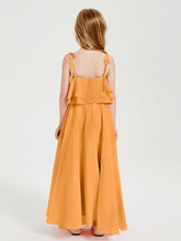 Long Chiffon Junior Bridesmaid Dresses Bowknot Spaghetti Straps Tangerine