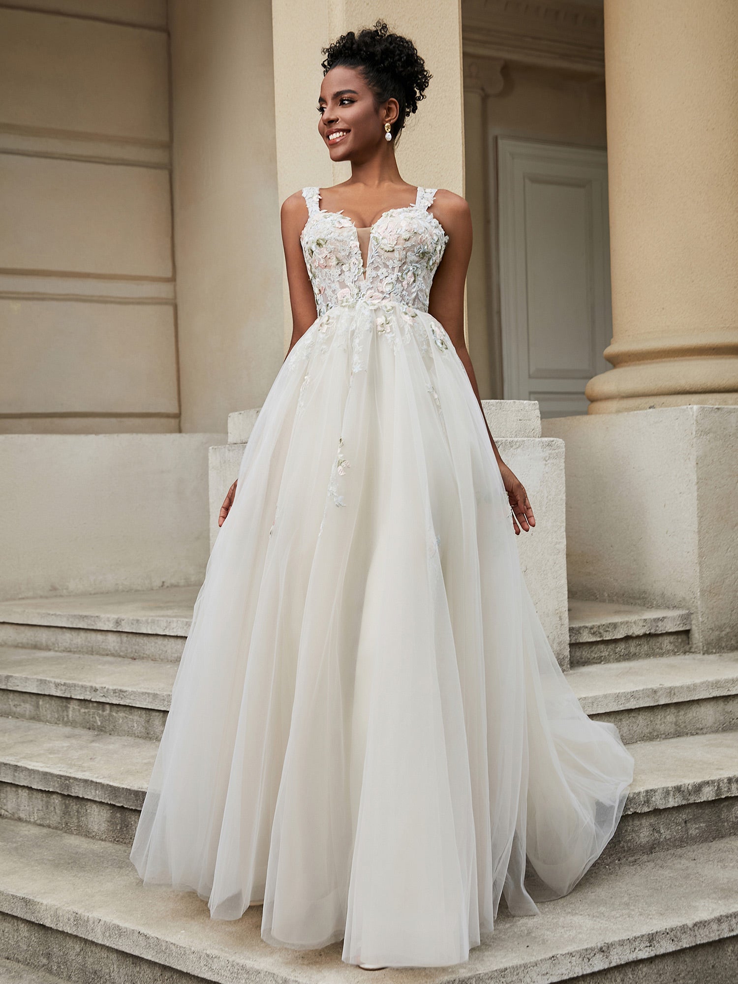BABARONI Tulle Ivory Wedding Dresses A-line Plunging V-Neck Appliqued Sweep  Train Backless