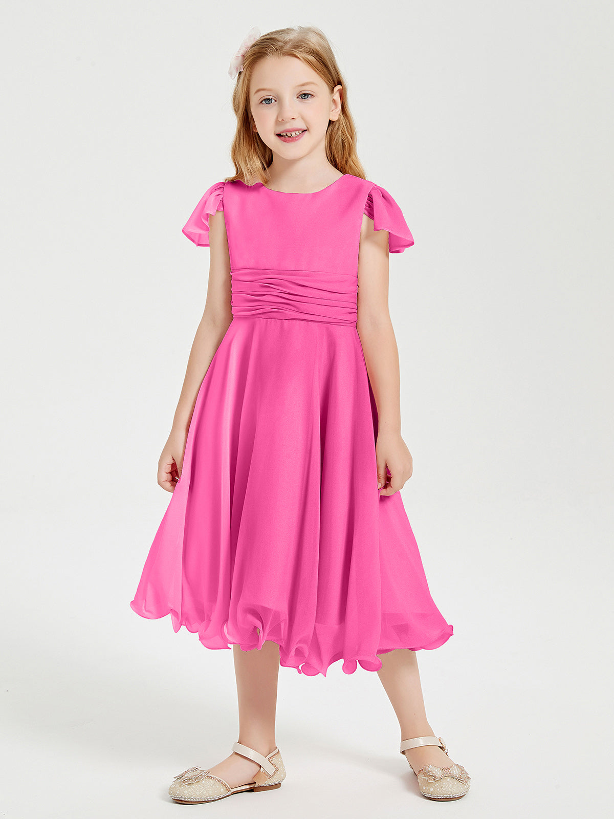 BABARONI Chiffon Azalea Junior Bridesmaid Dresses A-line Scoop Flutter Sleeve Bow Pleated Tea-Length, Azalea / J4