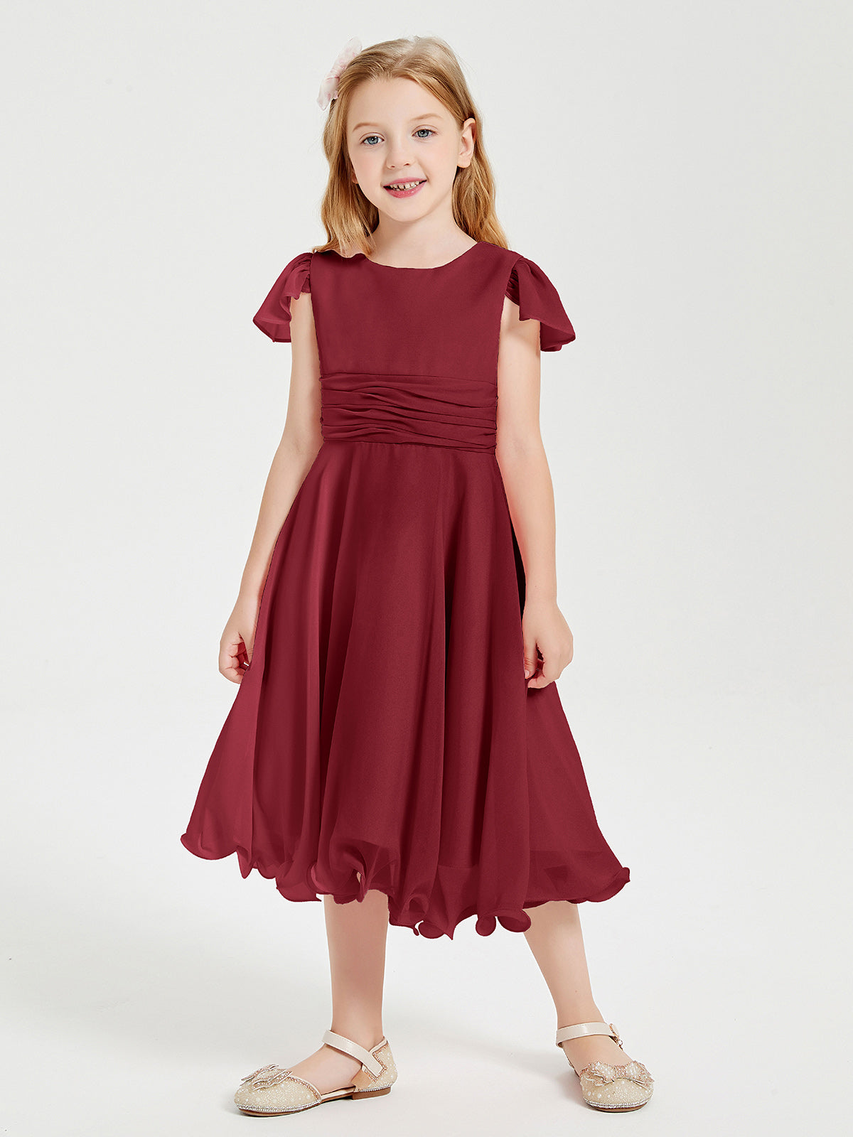BABARONI Tea Length Chiffon Junior Bridesmaid Dresses Burgundy, Burgundy / J4 BABARONI Tea Length Chiffon Junior Bridesmaid Dresses Burgundy, Burgundy / J4