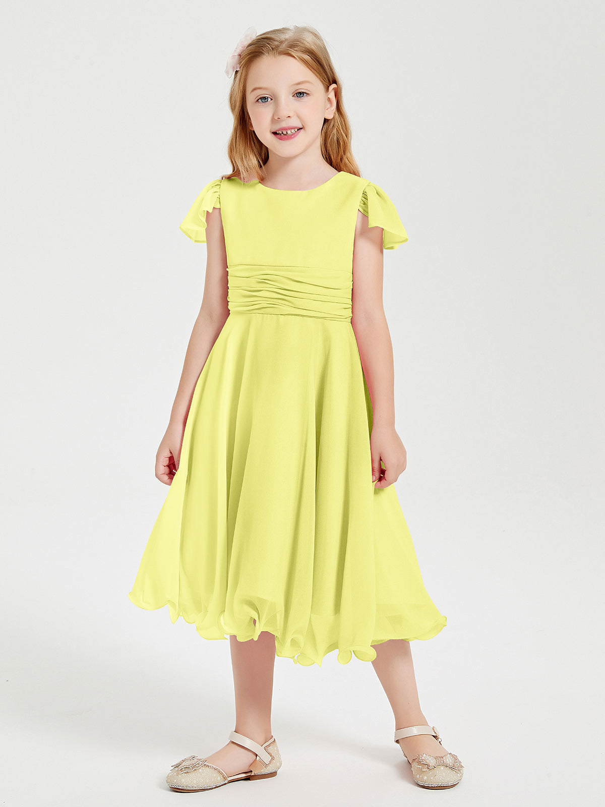 Flutter Sleeves Chiffon Long Junior Bridesmaid Dresses Daffodil