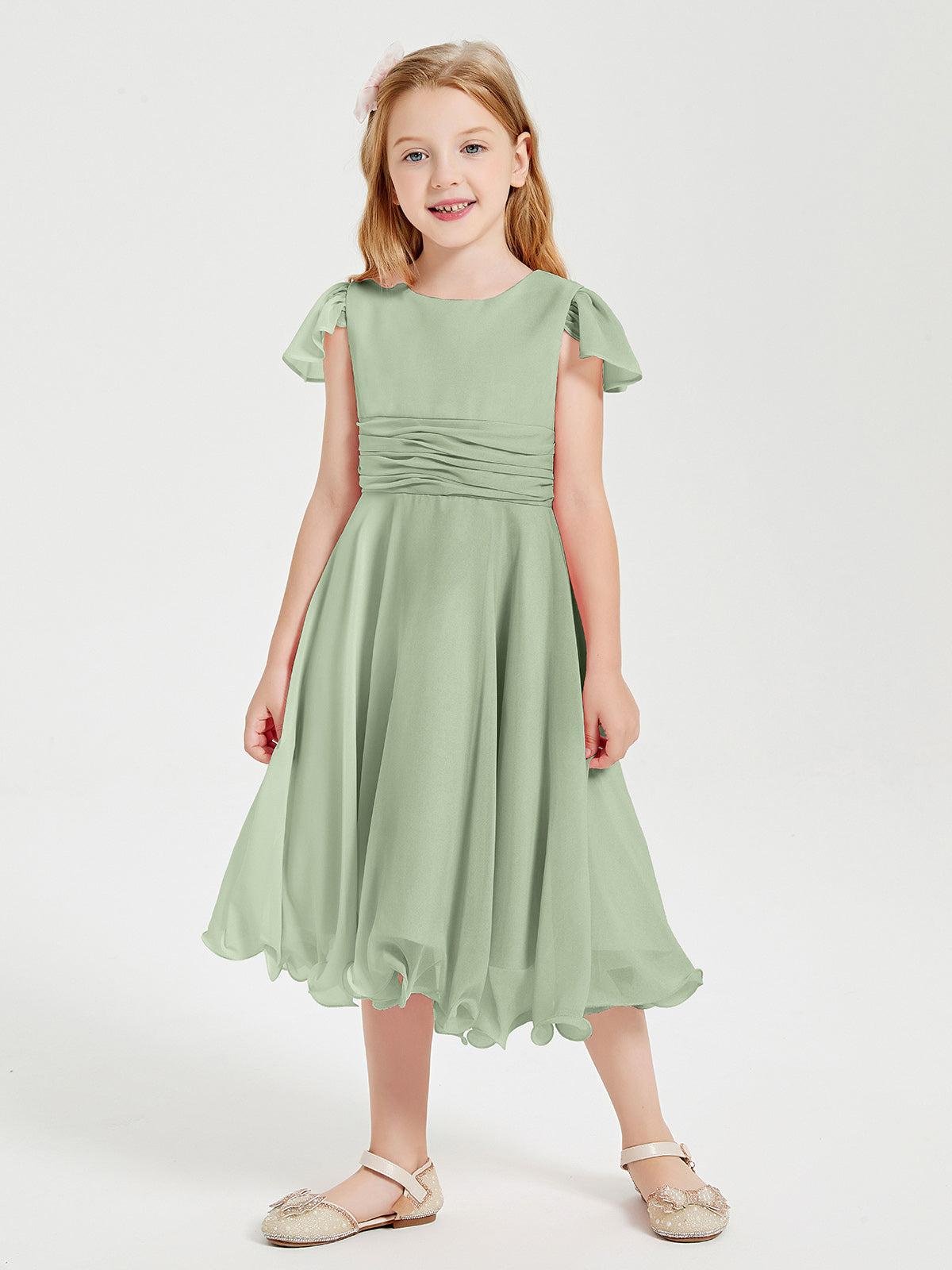 BABARONI Tea Length Chiffon Junior Bridesmaid Dresses Dusty Sage, Dusty Sage / J4