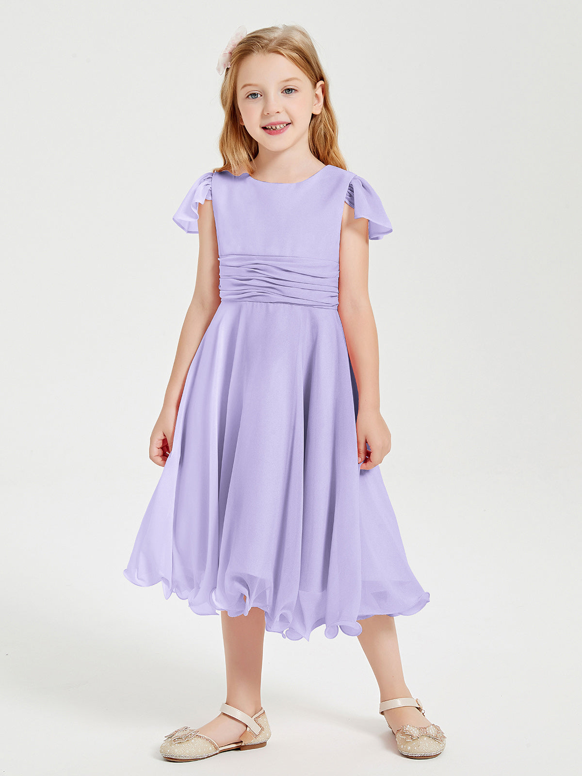 BABARONI Tea Length Chiffon Junior Bridesmaid Dresses Lilac, Lilac / J4