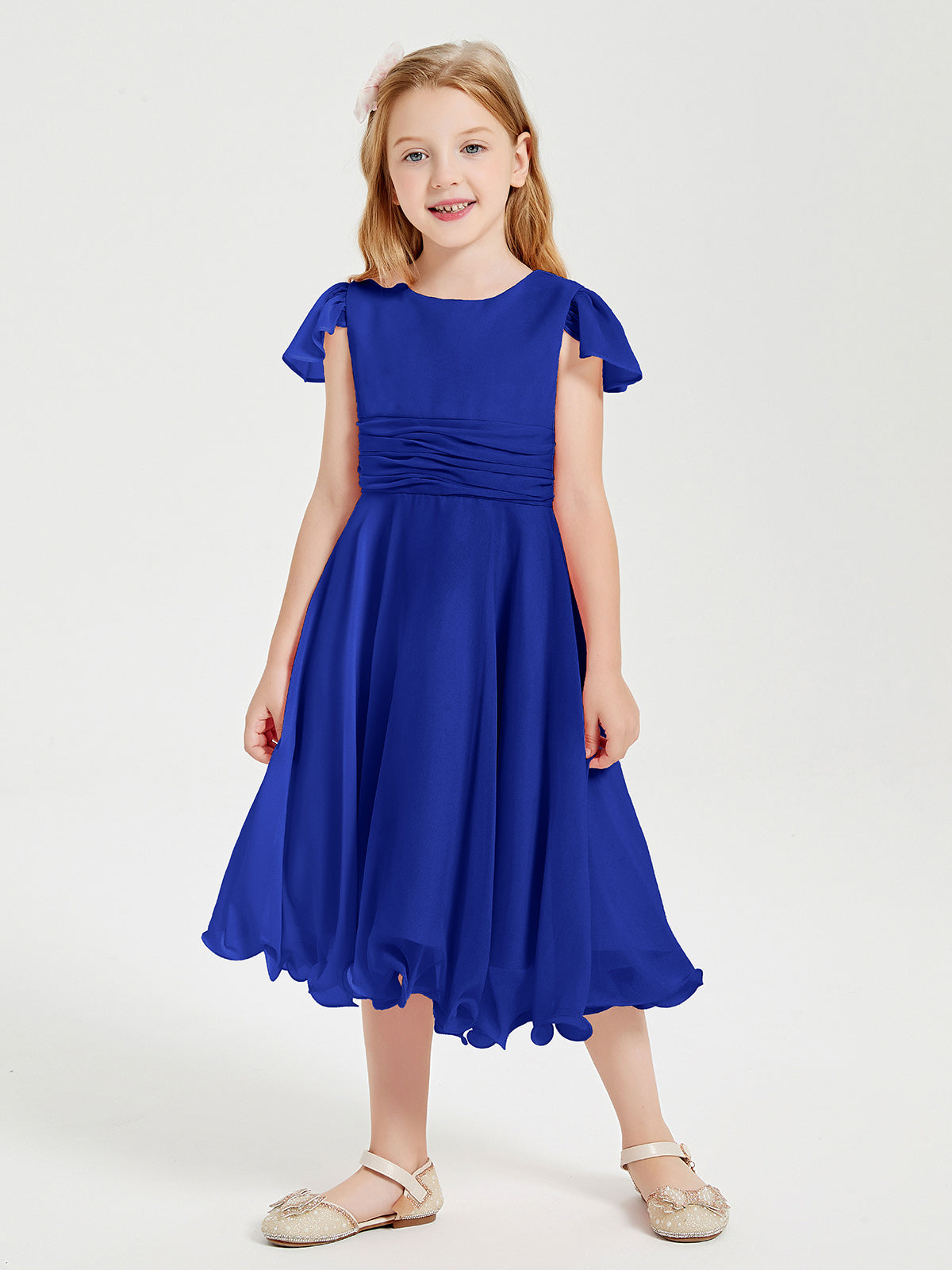 BABARONI Tea Length Chiffon Junior Bridesmaid Dresses Royal Blue, Royal Blue / J4 BABARONI Tea Length Chiffon Junior Bridesmaid Dresses Royal Blue, Royal Blue / J4
