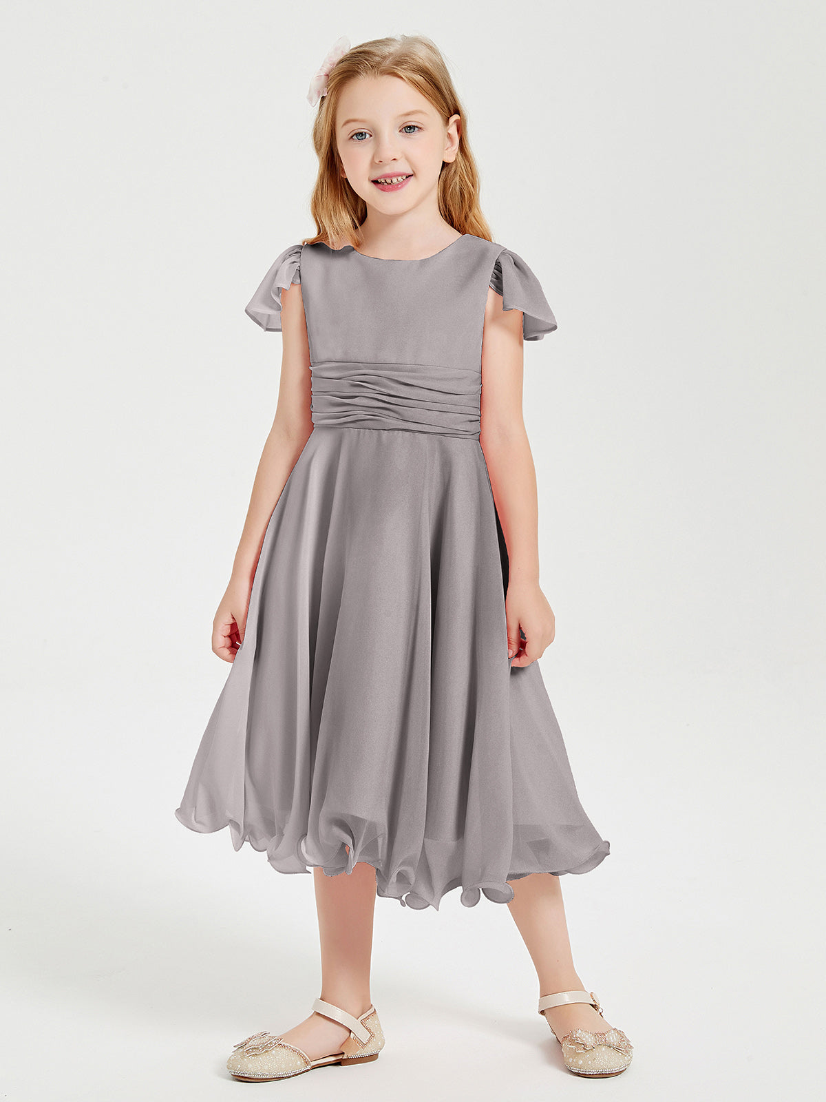 BABARONI Tea Length Chiffon Junior Bridesmaid Dresses Silver, Silver / J4 BABARONI Tea Length Chiffon Junior Bridesmaid Dresses Silver, Silver / J4