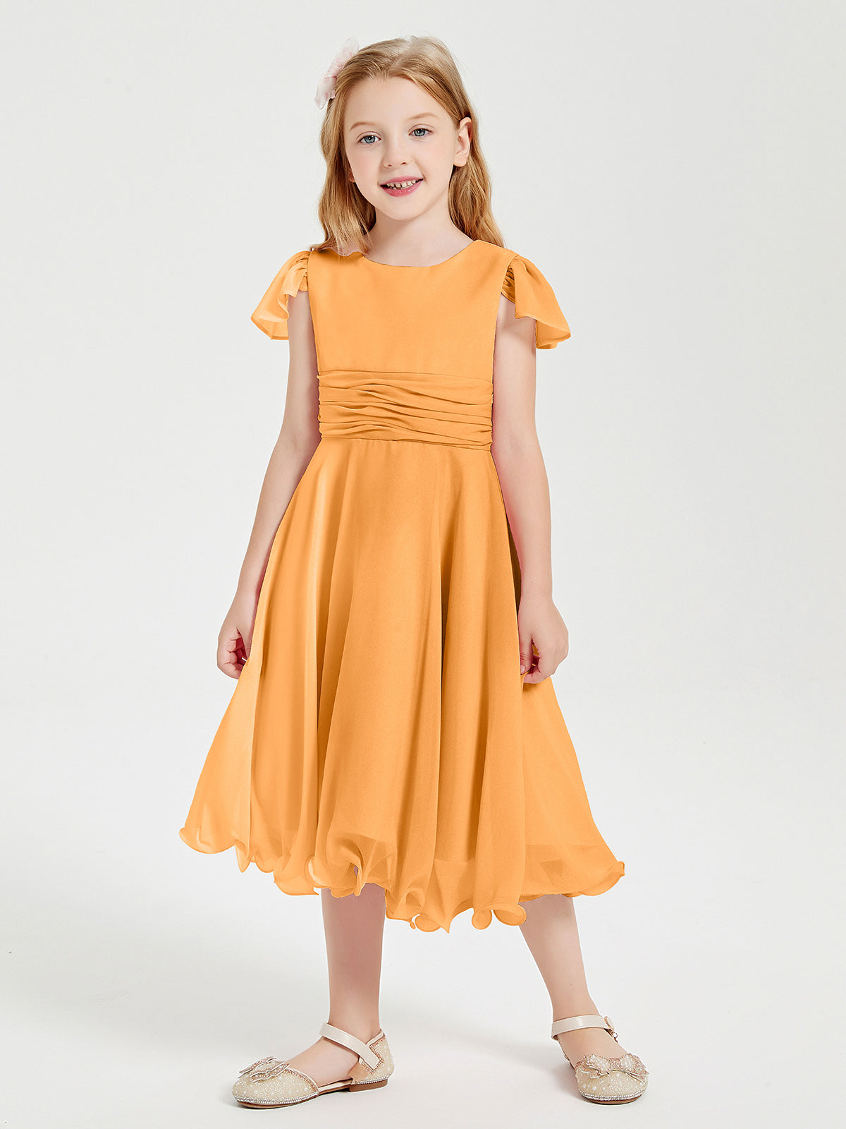 BABARONI Chiffon Tangerine Junior Bridesmaid Dresses A-line Scoop Flutter Sleeve Bow Pleated Tea-Length, Tangerine / J4
