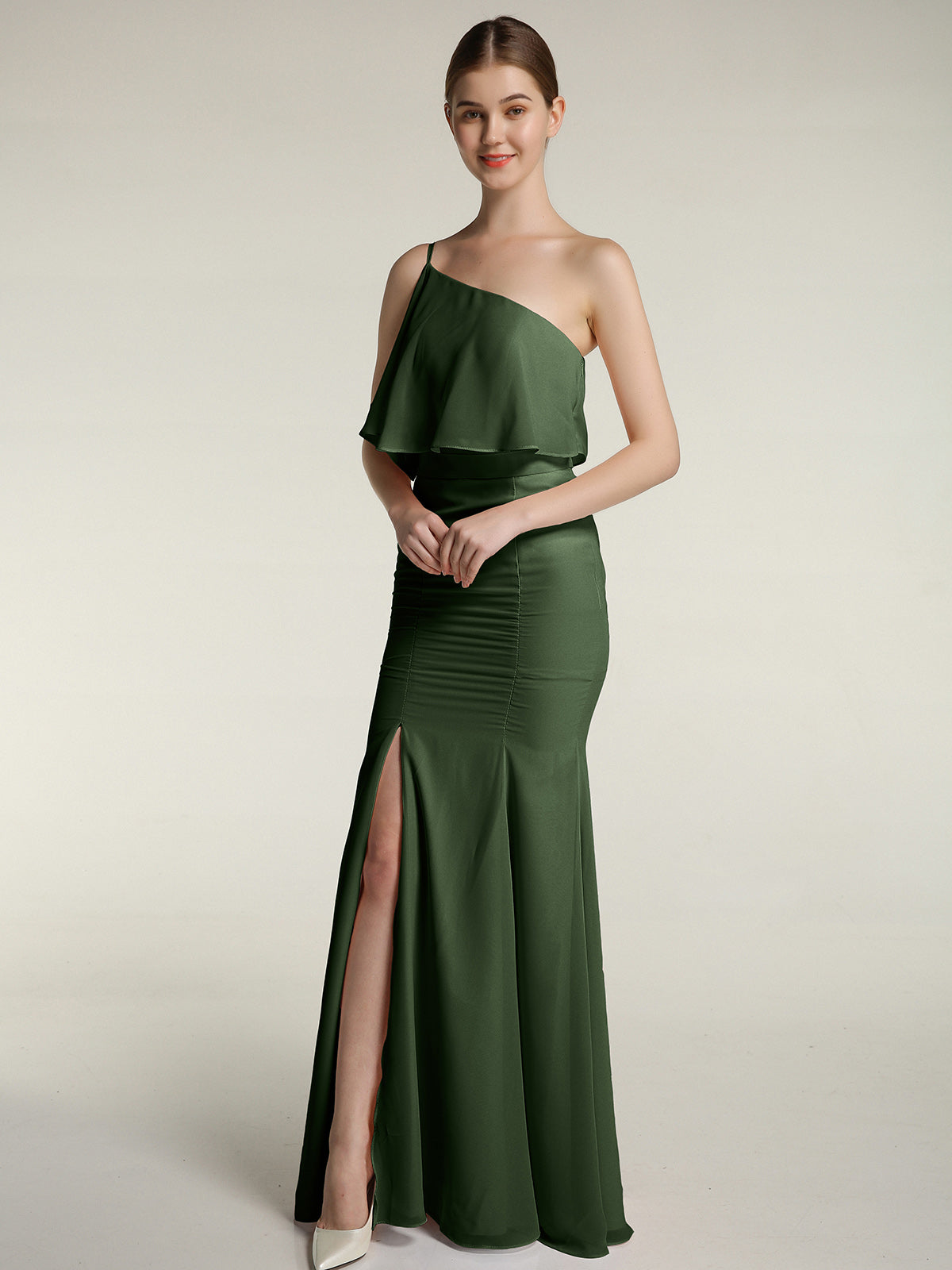One Shoulder Ruched Mermaid Gown With Slit Peach Plus Size