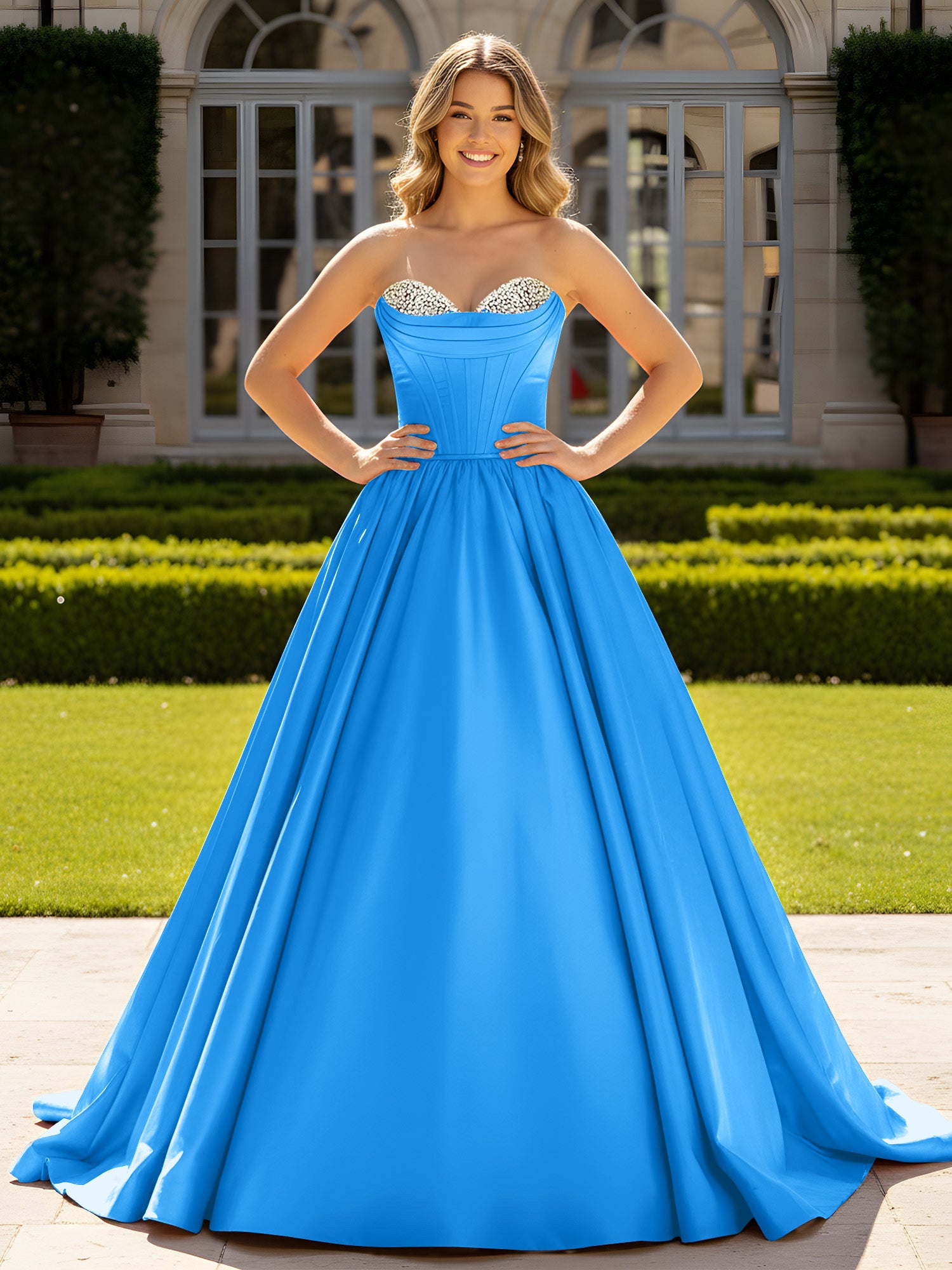 BABARONI Satin Ocean Blue Prom Dresses Ball Gown Sweetheart Sleeveless