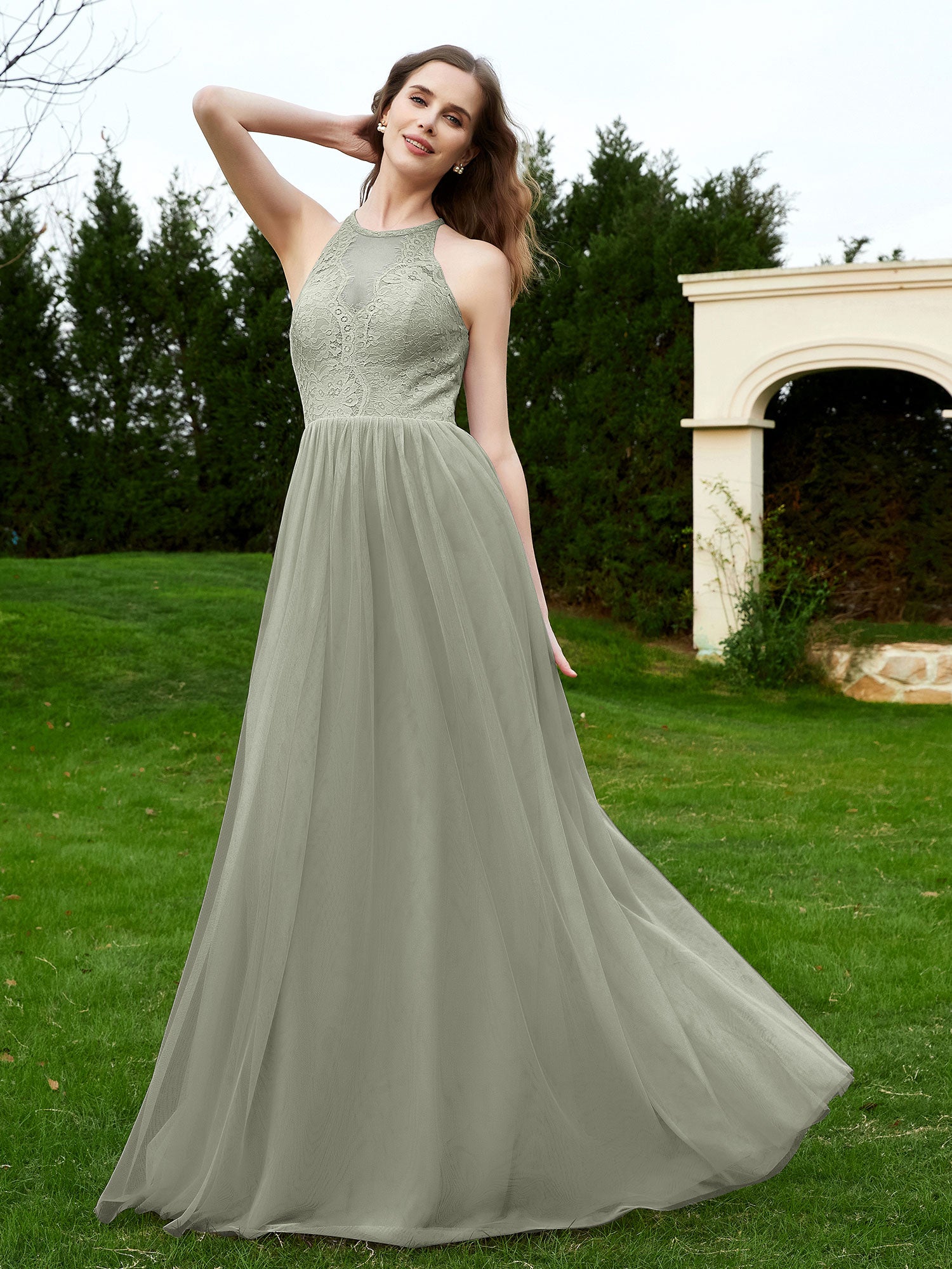 Halter Neck Satin A-Line Bridesmaid Gown with Bow in Thyme