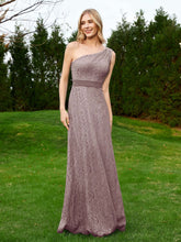 One Shoulder Floor Length Lace Bridesmaid Gown Dusk