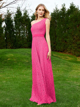 One Shoulder Floor Length Lace Bridesmaid Gown Fuchsia Plus Size