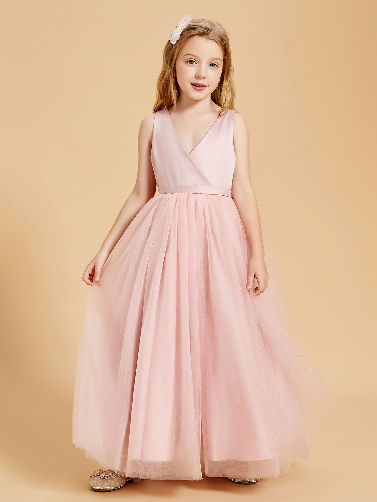 Knee-Length Junior Bridesmaid Dresses With Bowknot Straps Blushing Pink