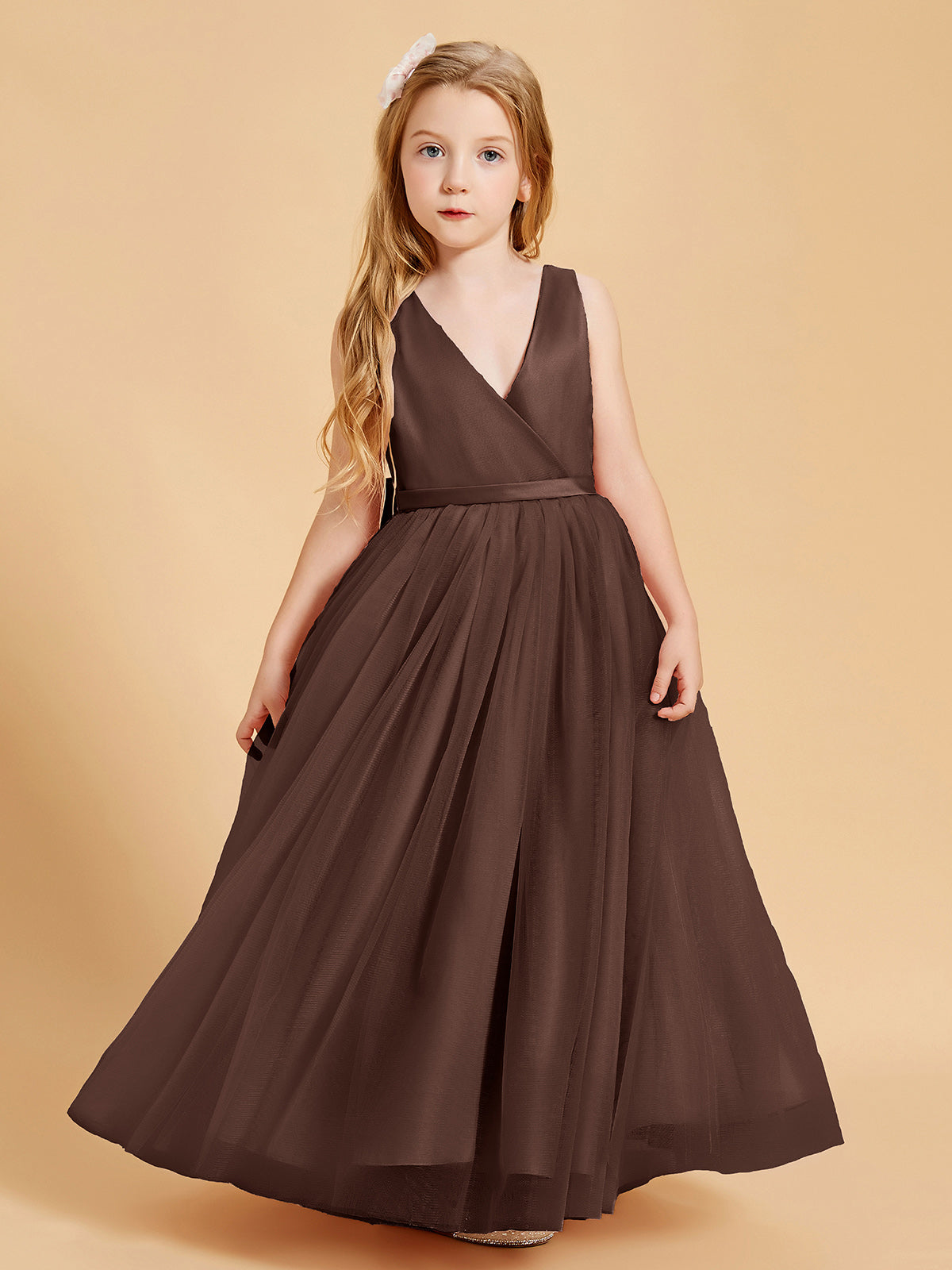 BABARONI Tulle Junior Bridesmaid Dresses Satin Top Glamourous Bowknot Chocolate, Chocolate / J4