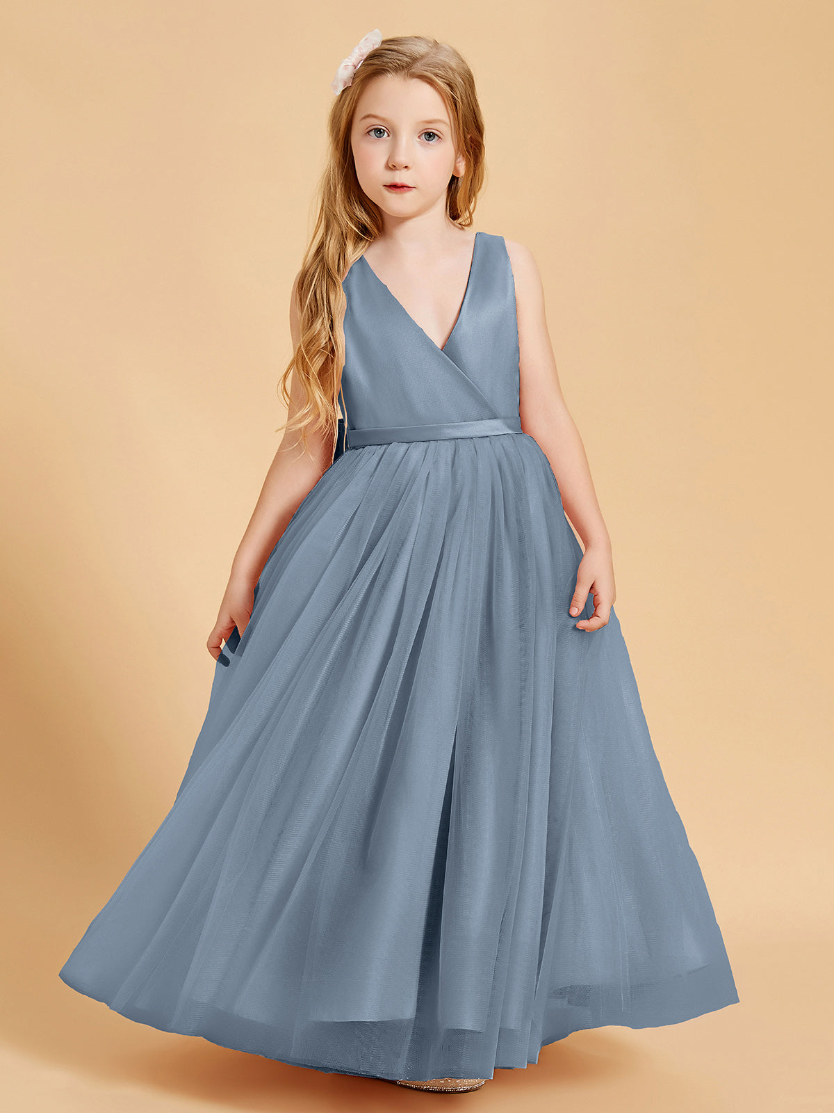 BABARONI Tulle Dusty Blue Junior Bridesmaid Dresses A-line V-neck Sleeveless Bow Sash Floor-length BABARONI Tulle Dusty Blue Junior Bridesmaid Dresses A-line V-neck Sleeveless Bow Sash Floor-length