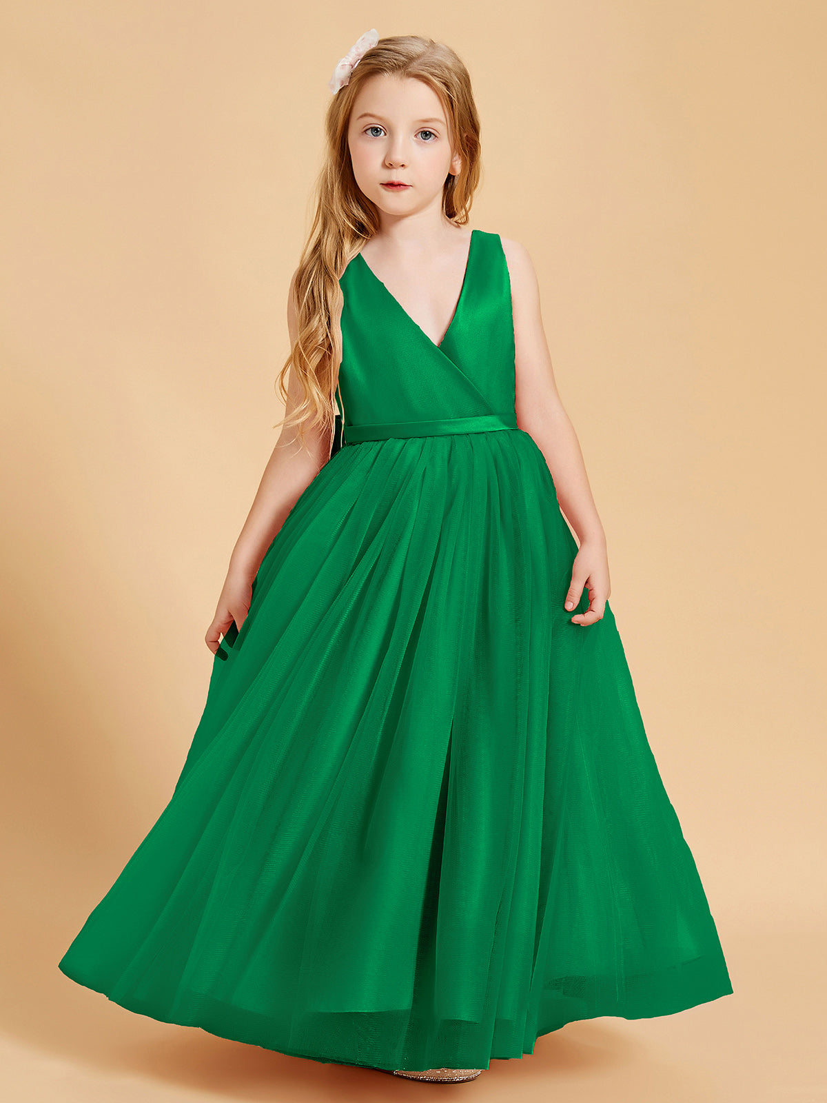 BABARONI Tulle Junior Bridesmaid Dresses Satin Top Glamourous Bowknot Emerald, Emerald / J4