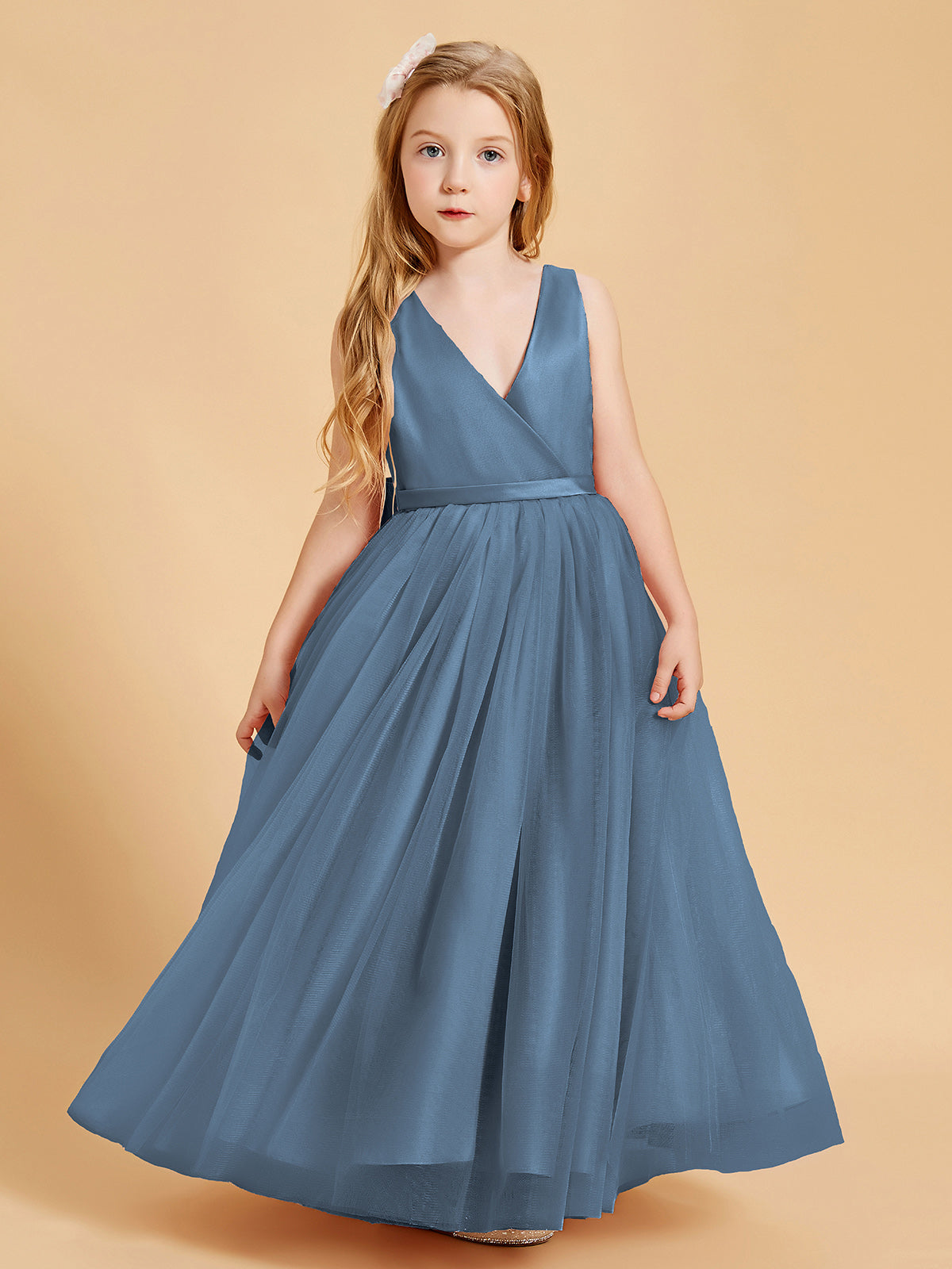BABARONI Tulle Junior Bridesmaid Dresses Satin Top Glamourous Bowknot Slate Blue, Slate Blue / J4