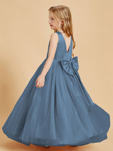 Tulle Junior Bridesmaid Dresses Satin Top Glamourous Bowknot Slate Blue