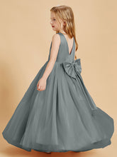 Tulle Junior Bridesmaid Dresses Satin Top Glamourous Bowknot Steel Grey