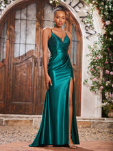 V-neck Sheath Beaded High Slit Stretch Satin Long Gowns Dark Green