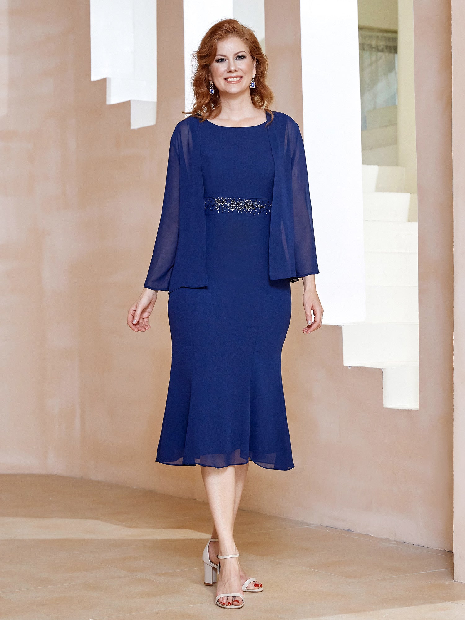 BABARONI Beaded Chiffon Tea-Length Mother of the Bride Dress with Matching Jacket BABARONI Beaded Chiffon Tea-Length Mother of the Bride Dress with Matching Jacket