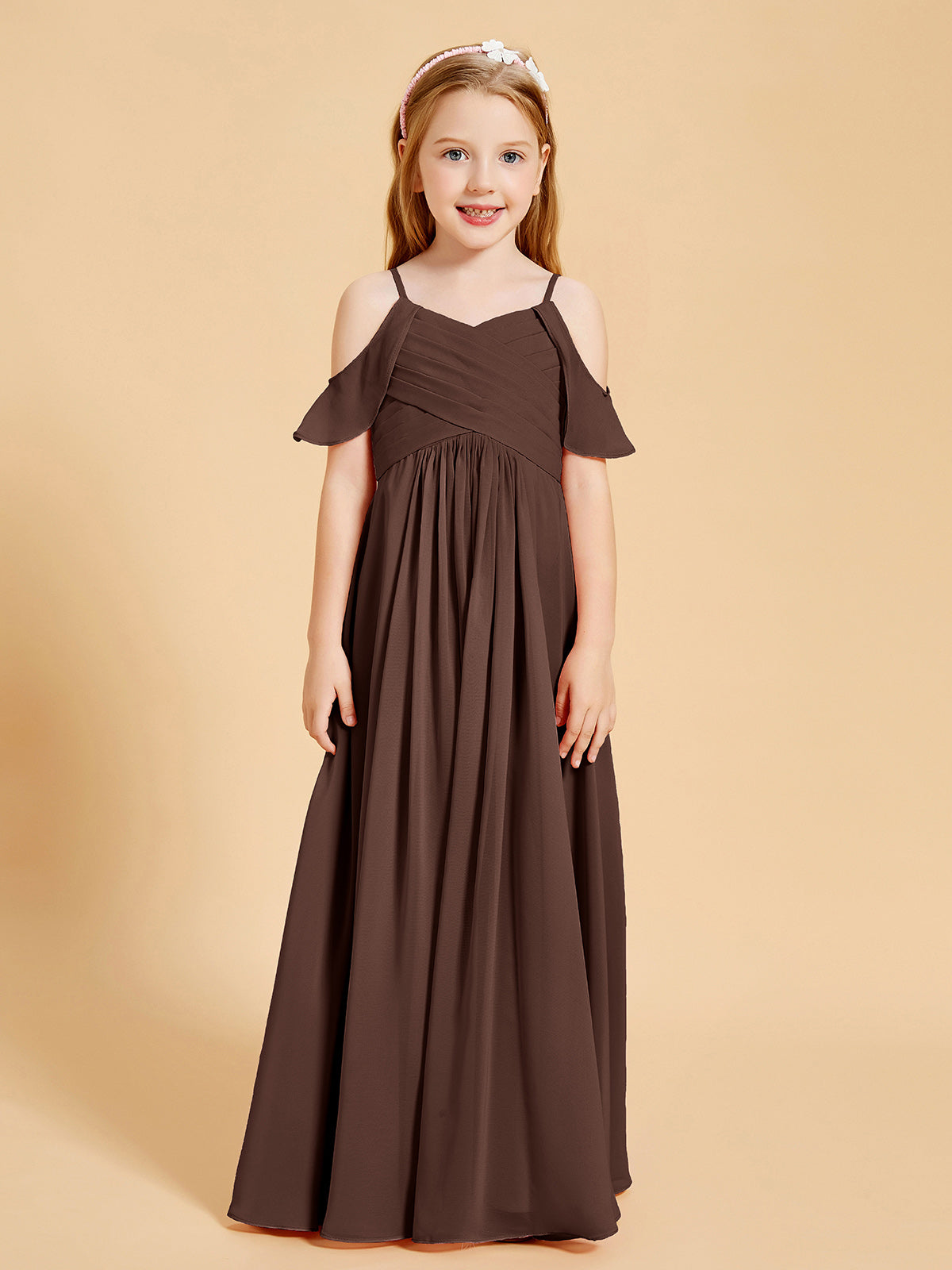 BABARONI Chiffon Chocolate Junior Bridesmaid Dresses A-line Off-the-shoulder Flutter Sleeve Pleated Floor-length, Chocolate / J4