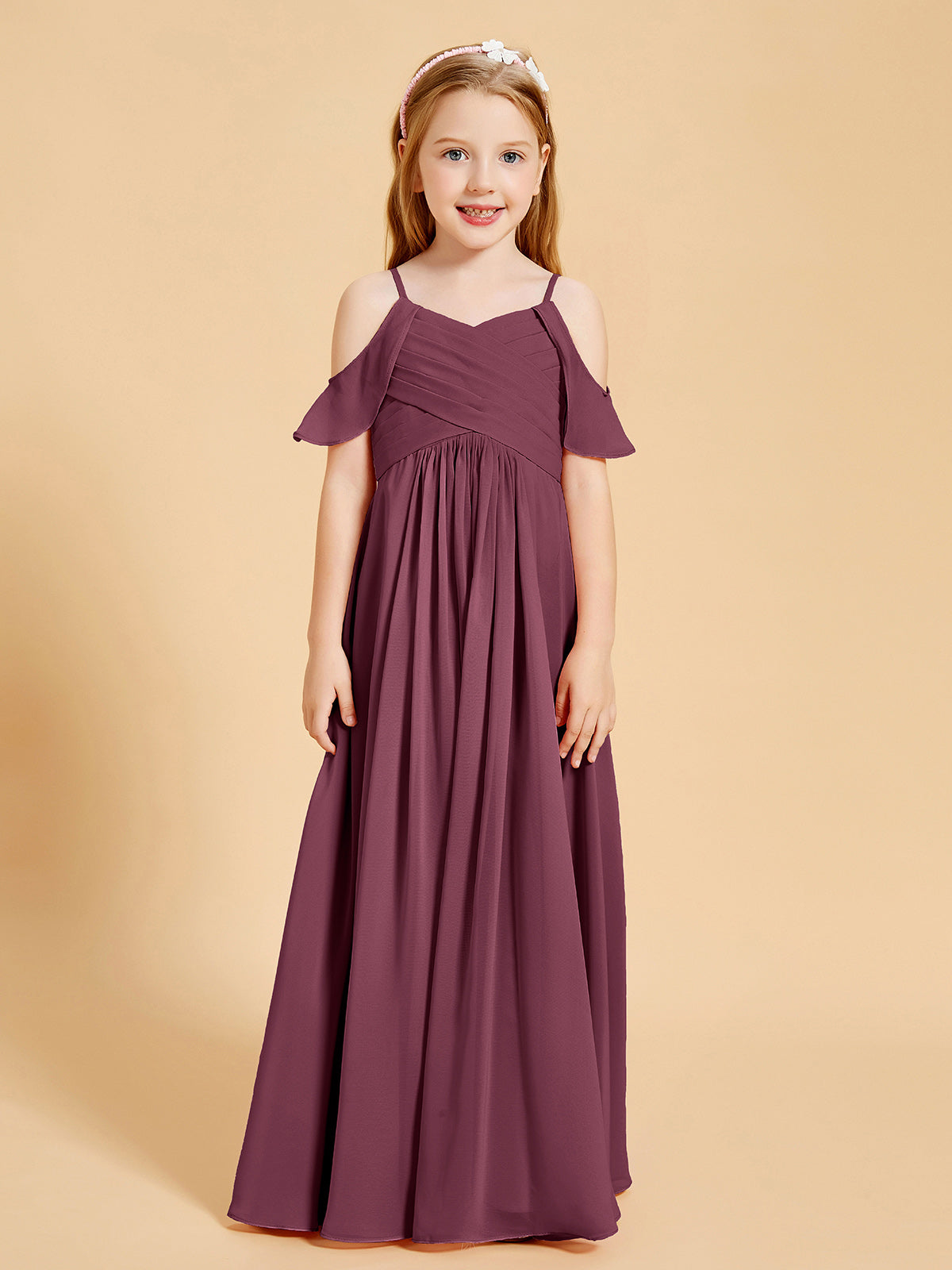 bridesmaid dresses mulberry BABARONI Chiffon Junior A-line Off-the-shoulder Flutter Sleeve Pleated Floor-length, Mulberry / J4 SALE0625 Size:13M Polka Dot Jersey Maxi sophisticated tone that sits