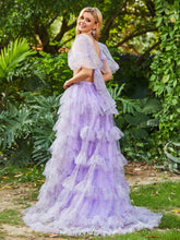 Floral Two Piece Tulle Tiered Dress with Slit Ivory