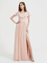 Cap Sleeves Long Chiffon Dresses with Slit-Pearl Pink