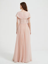 Cap Sleeves Long Chiffon Dresses with Slit-Pearl Pink