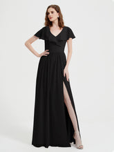 Cap Sleeves Long Chiffon Dresses with Slit-Black