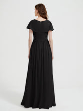 Cap Sleeves Long Chiffon Dresses with Slit-Black