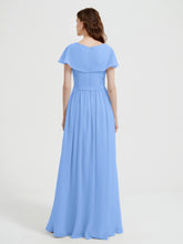 Cap Sleeves Long Chiffon Dresses with Slit-Blue