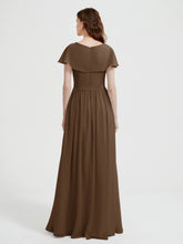 Cap Sleeves Long Chiffon Dresses with Slit-Brown