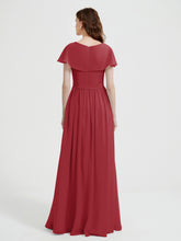 Cap Sleeves Long Chiffon Dresses with Slit-Burgundy