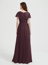 Cap Sleeves Long Chiffon Dresses with Slit-Cabernet