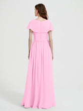 Cap Sleeves Long Chiffon Dresses with Slit-Candy Pink