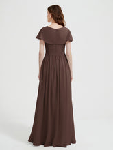 Cap Sleeves Long Chiffon Dresses with Slit-Chocolate