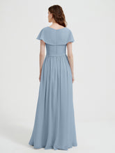 Cap Sleeves Long Chiffon Dresses with Slit-Dusty Blue