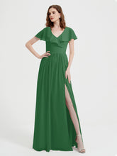 Cap Sleeves Long Chiffon Dresses with Slit-Emerald
