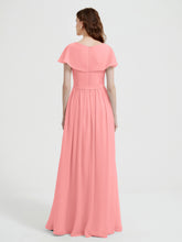 Cap Sleeves Long Chiffon Dresses with Slit-Flamingo