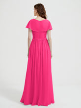 Cap Sleeves Long Chiffon Dresses with Slit-Fuchsia