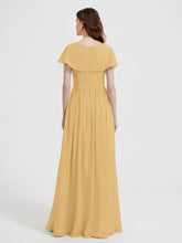 Cap Sleeves Long Chiffon Dresses with Slit-Gold