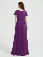 Cap Sleeves Long Chiffon Dresses with Slit-Grape
