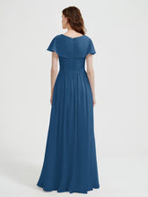 Cap Sleeves Long Chiffon Dresses with Slit-Ink Blue