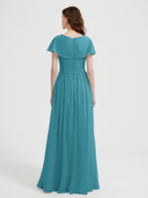 Cap Sleeves Long Chiffon Dresses with Slit-Jade
